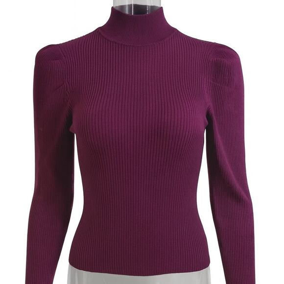 BOG Collection Ribbed Turtleneck Sweater Plum Purple Women’s M Puff Sleeve - Picture 1 of 7